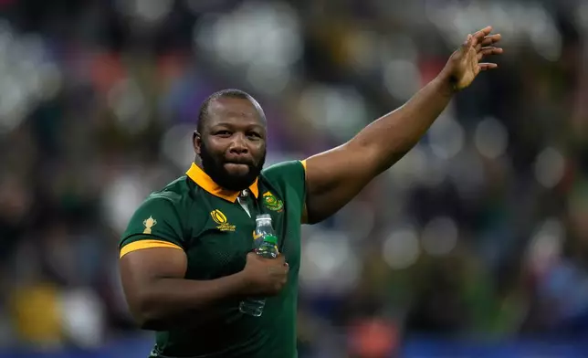 FILE -South Africa's Ox Nche celebrates at the end of the Rugby World Cup quarterfinal match between France and South Africa at the Stade de France in Saint-Denis, near Paris, Oct. 15, 2023. (AP Photo/Thibault Camus, File)