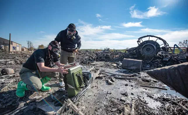 In this photo provided by U.S. Air National Guard, members of the Kentucky National Guard's 41st Civil Support Team use a portable gas chromatograph mass spectrometer at the site of a fatal airplane crash in Louisville, Ky., on Wednesday, Nov. 5, 2025. (Phil Speck/U.S. Air National Guard via AP)