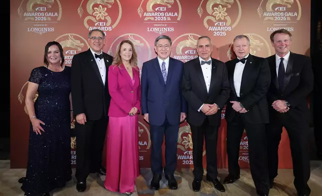 Cheuk Wing-hing, Deputy Chief Secretary for Administration of the HKSAR Government (centre); Lester Huang, Deputy Chairman of The Hong Kong Jockey Club and President of the Equestrian Federation of Hong Kong, China (2nd left); Winfried Engelbrecht-Bresges, CEO of The Hong Kong Jockey Club (2nd right); Ingmar De Vos, President of FEI (3rd right); Sabrina Ibáñez, Secretary General of FEI (3rd left); Andrew Harding, Executive Director, Racing of The Hong Kong Jockey Club (1st right); and Amanda Bond, Head of Equestrian Affairs of The Hong Kong Jockey Club (1st left) pose a photo at the FEI Awards Gala.