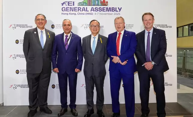 Posing for a group photo at the 2025 FEI General Assembly welcome reception are The Hon. Martin Liao, Chairman of The Hong Kong Jockey Club (centre); Lester Huang, Deputy Chairman of The Hong Kong Jockey Club and President of the Equestrian Federation of Hong Kong, China (1st left); Winfried Engelbrecht-Bresges, Chief Executive Officer of The Hong Kong Jockey Club (2nd right); Ingmar De Vos, President of the Fédération Équestre Internationale (2nd left); and Andrew Harding, Executive Director, Racing of The Hong Kong Jockey Club (1st right).