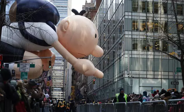 The Diary of a Wimpy Kid balloon makes its way down Sixth Avenue during the Macy's Thanksgiving Day Parade, Thursday, Nov. 27, 2025, in New York. (AP Photo/Heather Khalifa)