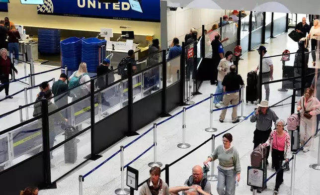 Travelers stand in line at a security checkpoint at George Bush Intercontinental Airport on Friday, Nov. 7, 2025, in Houston. (AP Photo/Ashley Landis)