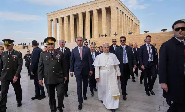 Pope Leo XIV arrives at the Ataturk Mausoleum in Ankara, Turkey, Thursday, Nov. 27, 2025. (AP Photo/Domenico Stinellis)