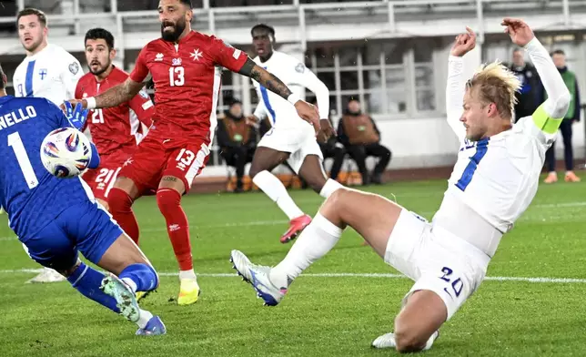 Malta's goalkeeper Henry Bonello, left, stops the shot from Finland's Joel Pohjanpalo during the FIFA World Cup 2026 Group G qualifying soccer match between Finland and Malta in Helsinki, Finland, Friday, Nov. 14, 2025. (Heikki Saukkomaa/Lehtikuva via AP)