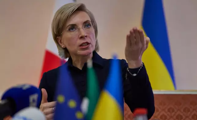 Deputy Head of the Office of the President of Ukraine Iryna Vereshchuk speaks to the press at the Embassy of Ukraine in Italy, in Rome, Wednesday, Nov. 19, 2025. (AP Photo/Domenico Stinellis)