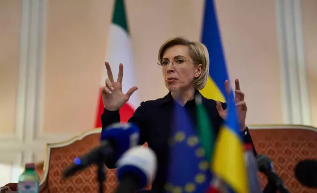 Deputy Head of the Office of the President of Ukraine Iryna Vereshchuk speaks to the press at the Embassy of Ukraine in Italy, in Rome, Wednesday, Nov. 19, 2025. (AP Photo/Domenico Stinellis)