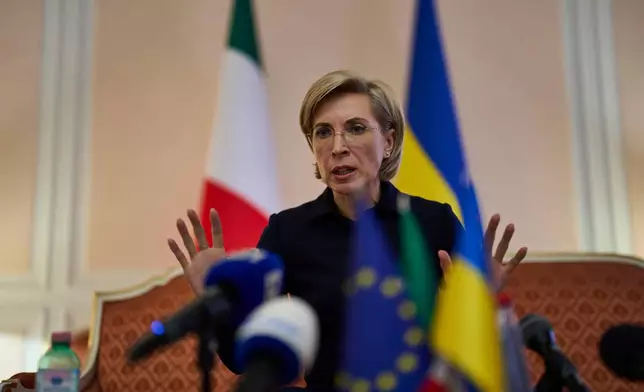 Deputy Head of the Office of the President of Ukraine Iryna Vereshchuk speaks to the press at the Embassy of Ukraine in Italy, in Rome, Wednesday, Nov. 19, 2025. (AP Photo/Domenico Stinellis)
