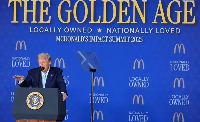 President Donald Trump speaks at the McDonald's Impact Summit, Monday, Nov. 17, 2025, in Washington. (AP Photo/Alex Brandon)
