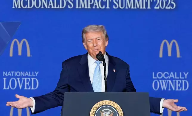 President Donald Trump speaks at the McDonald's Impact Summit, Monday, Nov. 17, 2025, in Washington. (AP Photo/Alex Brandon)