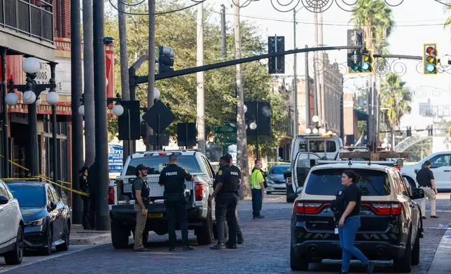 Law enforcement investigate a car crash on Saturday, Nov. 8, 2025, in Tampa, Fla. (Jefferee Woo/Tampa Bay Times via AP)