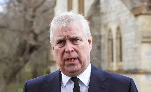FILE - Britain's Prince Andrew speaks during a television interview at the Royal Chapel of All Saints at Royal Lodge in Windsor, April 11, 2021. (Steve Parsons/Pool Photo via AP, File)