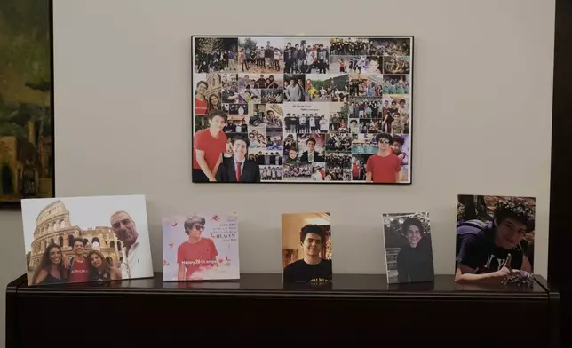 Pictures of Elias, who was killed in the 2020 Beirut port explosion, decorate a wall in the home of his mother, Mireille Khoury, in Beirut, Lebanon, Nov. 14, 2025. (AP Photo/Bilal Hussein)
