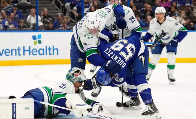 Tampa Bay Lightning center Jake Guentzel (59) gets taken down by Vancouver Canucks defenseman Tyler Myers (57) as he tries to find a rebound in front of goaltender Kevin Lankinen (32) during the second period of an NHL hockey game Sunday, Nov. 16, 2025, in Tampa, Fla. (AP Photo/Chris O'Meara)
