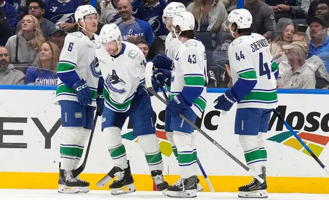 Vancouver Canucks left wing Jake Debrusk (74) celebrates his goal against the Tampa Bay Lightning with right wing Brock Boeser (6), center Elias Pettersson (40), defenseman Quinn Hughes (43), and left wing Kiefer Sherwood (44) during the second period of an NHL hockey game Sunday, Nov. 16, 2025, in Tampa, Fla. (AP Photo/Chris O'Meara)