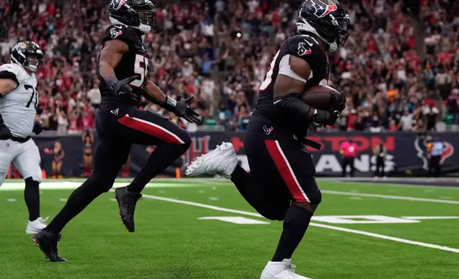 Houston Texans defensive tackle Sheldon Rankins (90) runs the ball during the second half of an NFL football game, Sunday, Nov. 9, 2025, in Houston. (AP Photo/Ashley Landis)