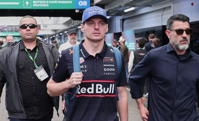 Red Bull driver Max Verstappen of the Netherlands, arrives at the Interlagos race track ahead of the Brazilian Formula One Grand Prix in Sao Paulo, Sunday, Nov. 9, 2025. (AP Photo/Ettore Chiereguini)