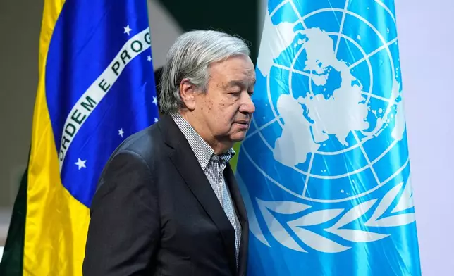 U.N. Secretary-General Antonio Guterres arrives to speak during a news conference at the COP30 U.N. Climate Summit, Thursday, Nov. 20, 2025, in Belem, Brazil. (AP Photo/Fernando Llano)