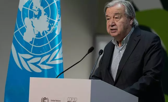 U.N. Secretary-General Antonio Guterres speaks during a news conference at the COP30 U.N. Climate Summit, Thursday, Nov. 20, 2025, in Belem, Brazil. (AP Photo/Fernando Llano)