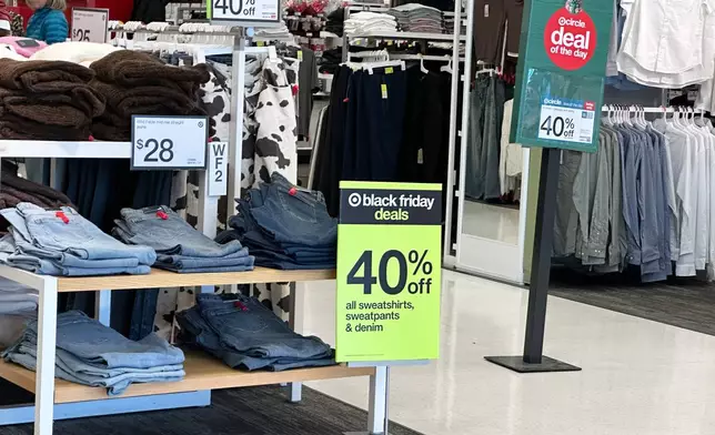 A shopper looks over items already marked down in price for Black Friday sales, Wednesday, Nov. 26, 2025, in a Target store in southeast Denver. (AP Photo/David Zalubowski)