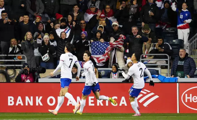 United States' Gio Reyna (7) celebrates his goal during the first half of an international friendly soccer match against Paraguay, Saturday, Nov. 15, 2025, in Chester, Pa. (AP Photo/Derik Hamilton)