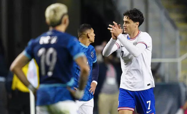 United States' Gio Reyna (7) celebrates his goal during the first half of an international friendly soccer match against Paraguay, Saturday, Nov. 15, 2025, in Chester, Pa. (AP Photo/Derik Hamilton)