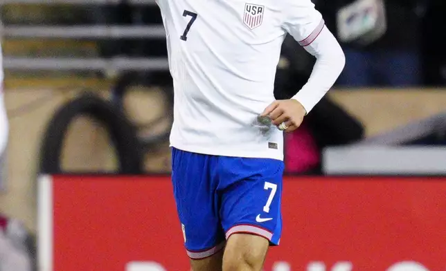United States' Gio Reyna (7) celebrates his goal during the first half of an international friendly soccer match against Paraguay, Saturday, Nov. 15, 2025, in Chester, Pa. (AP Photo/Derik Hamilton)