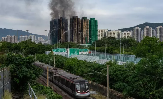 Smoke rises after a fire broke out at Wang Fuk Court, a residential estate in the Tai Po district of Hong Kong's New Territories, Thursday, Nov. 27 2025. (AP Photo/Chan Long Hei)