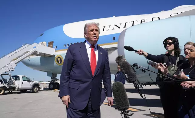 President Donald Trump speaks to the media after arriving at Palm Beach International Airport, Friday, Oct. 31, 2025, in West Palm Beach, Fla. (AP Photo/Manuel Balce Ceneta)
