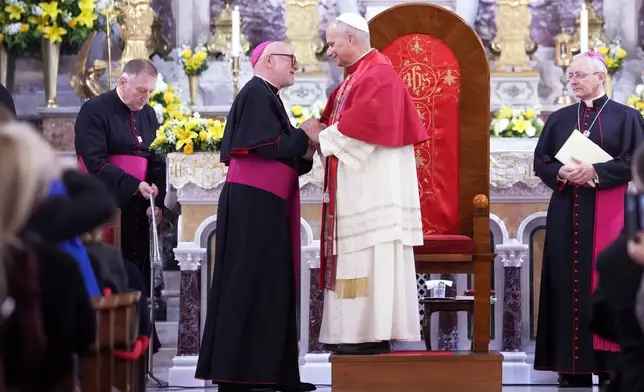 Pope Leo XIV talks with Archbishop Martin Kmetec of Izmir during a meeting with the clergy at the Cathedral of the Holy Spirit, in Istanbul, Turkey, Friday, Nov. 28, 2025. (AP Photo/Domenico Stinellis)