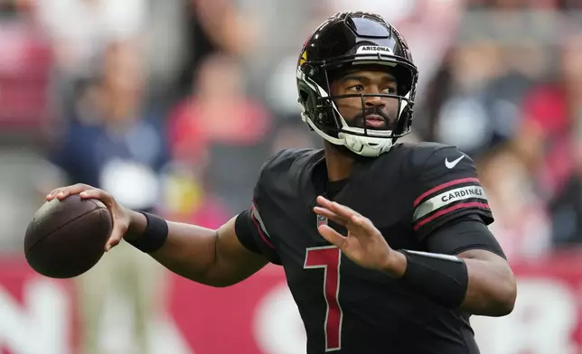 Arizona Cardinals quarterback Jacoby Brissett (7) passes against the San Francisco 49ers during the first half of an NFL football game in Glendale, Ariz., Sunday, Nov. 16, 2025. (AP Photo/Ross D. Franklin)