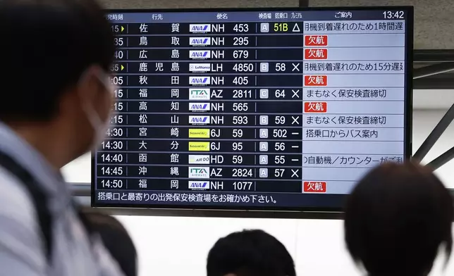 The departures display board shows All Nippon Airways' multipule flights cancellation at Haneda airport in Tokyo Saturday, Nov. 29, 2025. (Takahiko Kanbara/Kyodo News via AP)