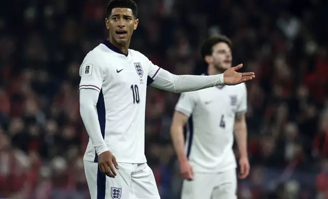 England's Jude Bellingham reacts during the World Cup 2026 group K qualifying soccer match between Albania and England, in Tirana, Albania, Sunday, Nov. 16, 2025.(AP Photo/Vlasov Sulaj)