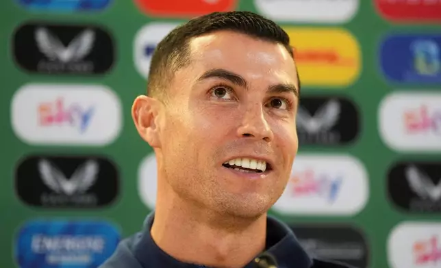 Portugal's Cristiano Ronaldo speaks during a press conference in Dublin, Ireland, Wednesday Nov. 12, 2025, ahead of Thursday's World Cup qualifying soccer match against Ireland. (Brian Lawless/PA via AP)