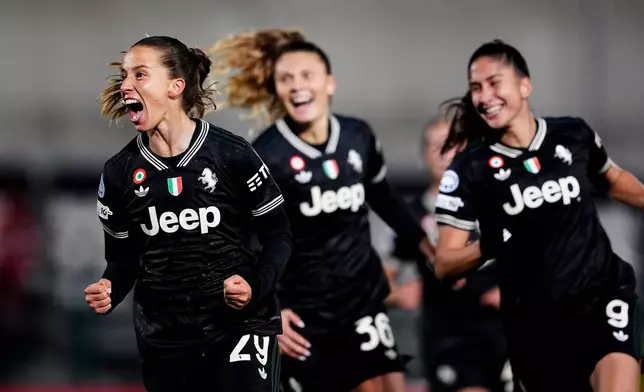 Juventus' Tatiana Pinto, left, celebrates scoring during the Women's Champions League soccer match between Juventus Women and OL Lyonnes Women in Biella, Italy, Wednesday Nov. 19, 2025. (Fabio Ferrari/LaPresse via AP)