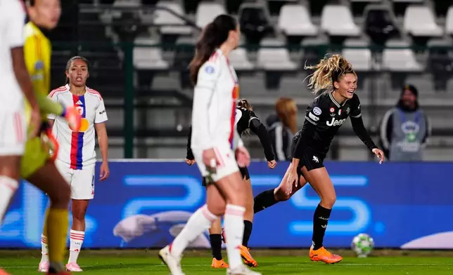Juventus' women Michela Cambiaghi celebrates after scoring Juventus' women Chiara Beccari celebrates after scoring during the women's Champions League soccer match between Juventus and OL Lyonnes in Biella, Italy, Wednesday, Nov. 19, 2025. (Fabio Ferrari/LaPresse via AP)