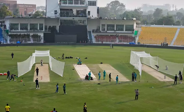 South Africa's players attend a practice session in Iqbal Cricket Stadium, in Faisalabad, Pakistan, Monday, Nov. 3, 2025. (AP Photo/Anjum Naveed)