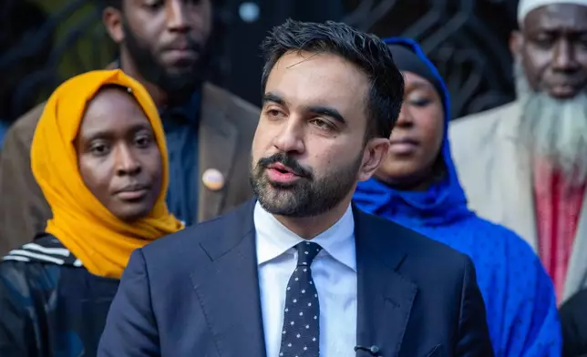 New York City Democratic mayoral candidate Zohran Mamdani speaks at the Islamic Cultural Center of the Bronx mosque in New York on Friday, Oct. 24, 2025. (AP Photo/Ted Shaffrey)