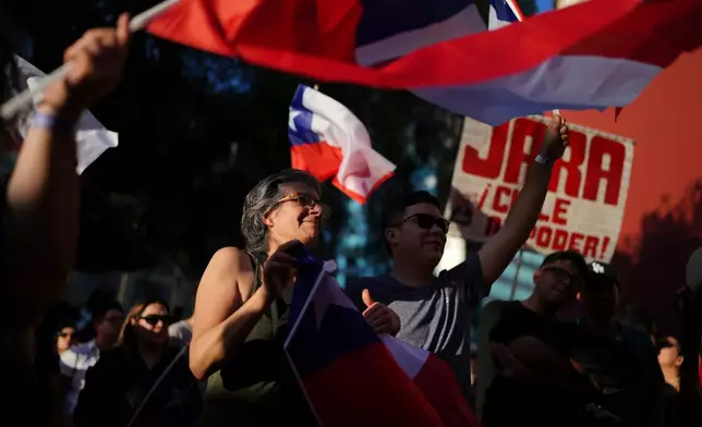 Supporters of presidential candidate Jeannette Jara of the Unidad por Chile coalition react to early results in the general elections in Santiago, Chile, Sunday, Nov. 16, 2025. (AP Photo/Natacha Pisarenko)