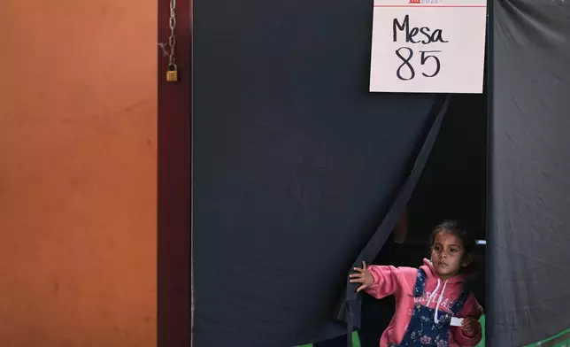 A girl waits while the adult she came with choose her preferences at a polling station during general elections in Santiago, Chile, Sunday, Nov. 16, 2025. (AP Photo/Natacha Pisarenko)