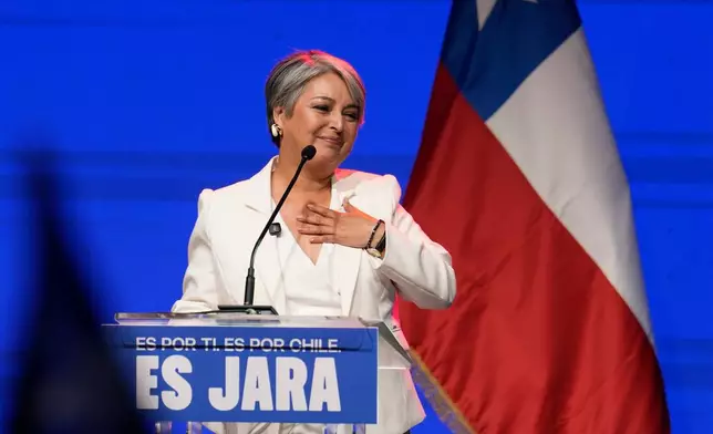 Presidential candidate Jeannette Jara of the Unidad por Chile coalition addresses supporters after early results in the general elections in Santiago, Chile, Sunday, Nov. 16, 2025. (AP Photo/Natacha Pisarenko)