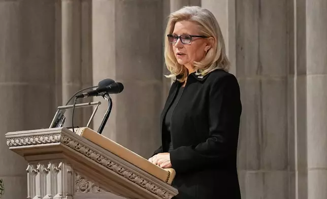 Former Rep. Liz Cheney, R-Wyoming, speaks a tribute to her father, during the funeral for former Vice President Dick Cheney, at the Washington National Cathedral, Thursday, Nov. 20, 2025 in Washington. (AP Photo/Matt Rourke)