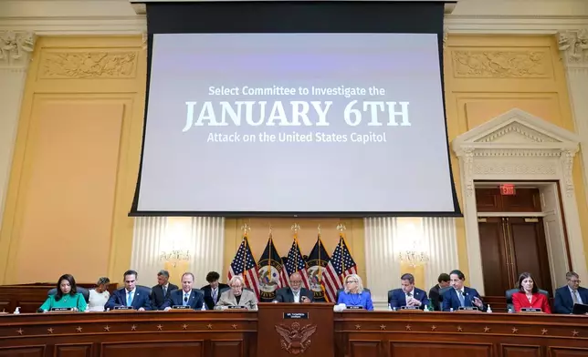 FILE - From left to right, Rep. Stephanie Murphy, D-Fla., Rep. Pete Aguilar, D-Calif., Rep. Adam Schiff, D-Calif., Rep. Zoe Lofgren, D-Calif., Chairman Bennie Thompson, D-Miss., Vice Chair Liz Cheney, R-Wyo., Rep. Adam Kinzinger, R-Ill., Rep. Jamie Raskin, D-Md., and Rep. Elaine Luria, D-Va., are seated as the House select committee investigating the Jan. 6 attack on the U.S. Capitol holds its first public hearing to reveal the findings of a year-long investigation, at the Capitol in Washington, June 9, 2022.(AP Photo/Andrew Harnik, File)