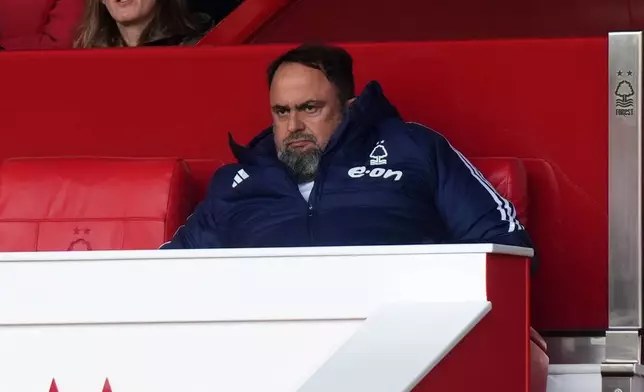 Nottingham Forest owner Evangelos Marinakis follows the English Premier League soccer match between Nottingham Forest and Leeds United, in Nottingham, England, Sunday Nov. 9, 2025. (Mike Egerton/PA via AP)
