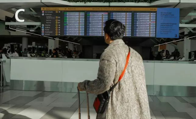 A traveler checks the flight schedule at LaGuardia International Airport on Saturday, Nov. 8, 2025, in New York. (AP Photo/Olga Fedorova)