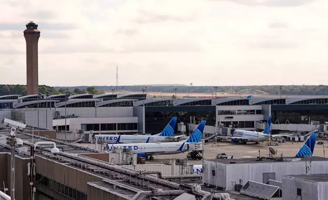 United Airlines planes are parked at gates at George Bush Intercontinental Airport on Friday, Nov. 7, 2025, in Houston. (AP Photo/Ashley Landis)