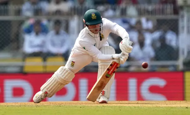 South Africa's Kyle Verreynne plays a shot on the second day of the second cricket test match between India and South Africa in Guwahati, India, Saturday, Nov. 22, 2025. (AP Photo/Anupam Nath)