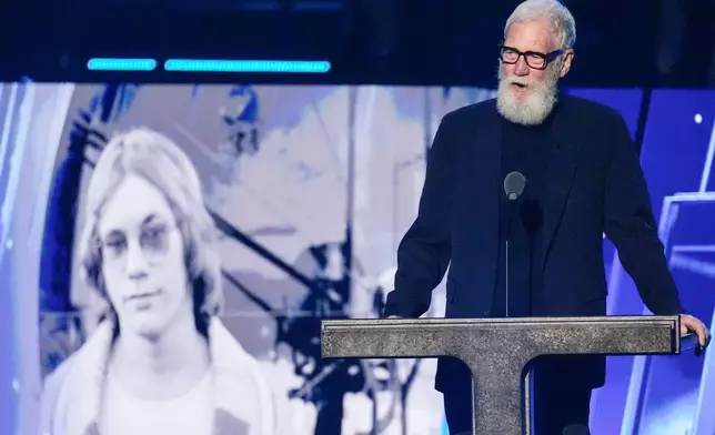 David Letterman speaks during the 2025 Rock and Roll Hall of Fame Induction Ceremony on Saturday, Nov. 8, 2025, at L.A. Live in Los Angeles. (AP Photo/Chris Pizzello)
