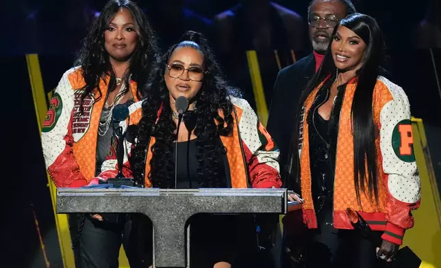 DJ Spinderella, from left, Cheryl James, Hurby Azor and Sandra Denton during the 2025 Rock and Roll Hall of Fame Induction Ceremony on Saturday, Nov. 8, 2025, at L.A. Live in Los Angeles. (AP Photo/Chris Pizzello)