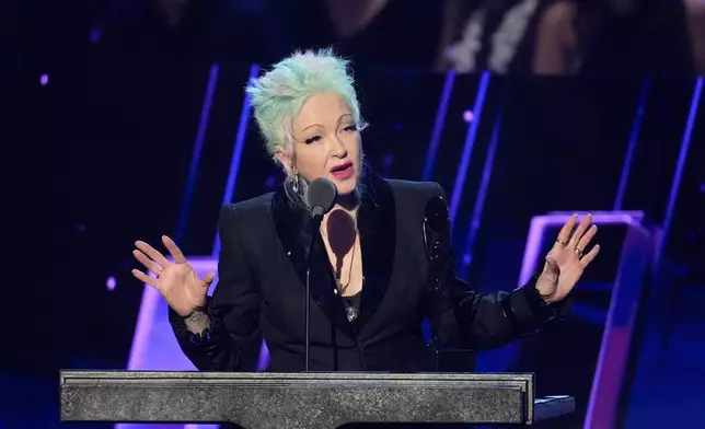 Cyndi Lauper speaks during the 2025 Rock and Roll Hall of Fame Induction Ceremony on Saturday, Nov. 8, 2025, at L.A. Live in Los Angeles. (AP Photo/Chris Pizzello)