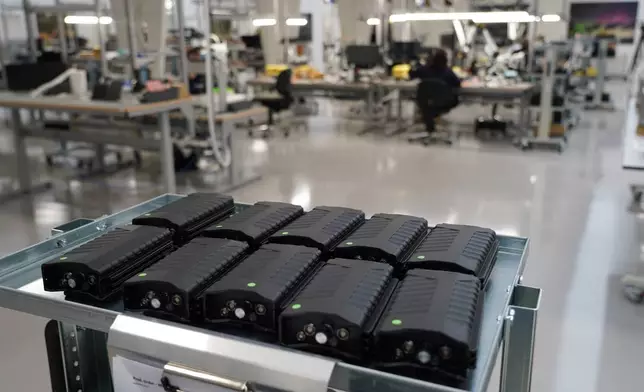 Assembled counter drone devices sit on a try at MyDefence's headquarters in Alborg, Denmark, on Oct. 28, 2025. (AP Photo/James Brooks)